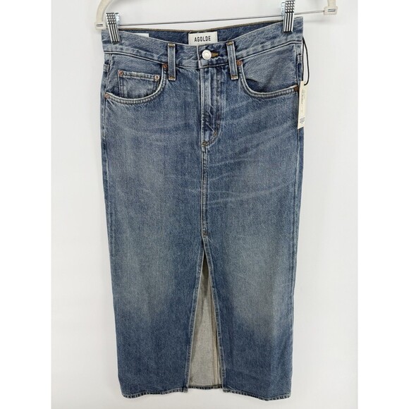AGOLDE Leif Skirt 23 Swing Low Slung Denim Maxi Skirt Front Slit Ankle Length